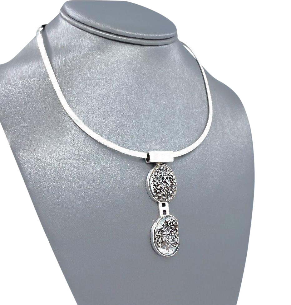Double Druzy .925 Sterling Silver Neck Cuff and pendant set