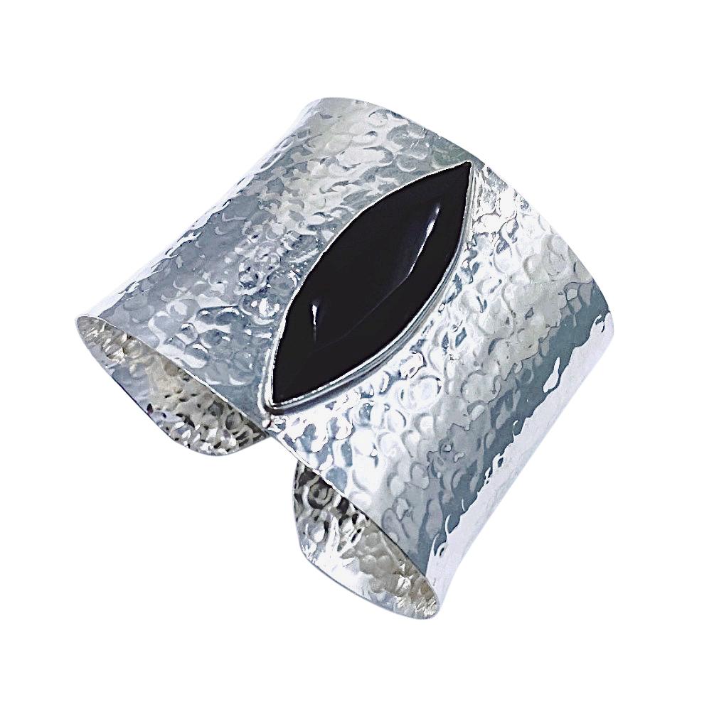 Hammered Wide Single Stone SS Cuff Bracelet