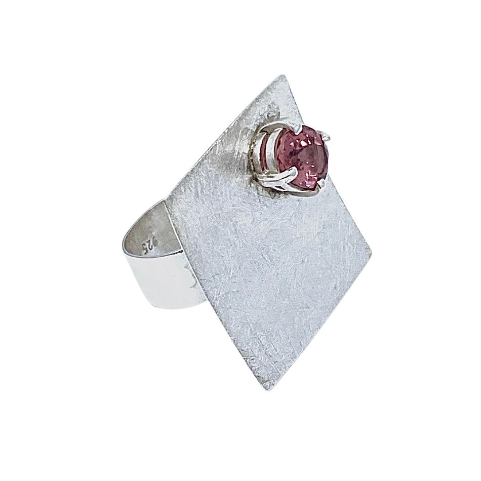 Pink Tourmaline Brushed SS Square Ring