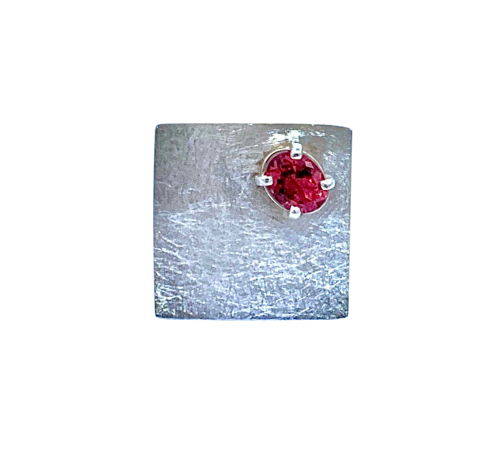 Pink Tourmaline Brushed SS Square Ring