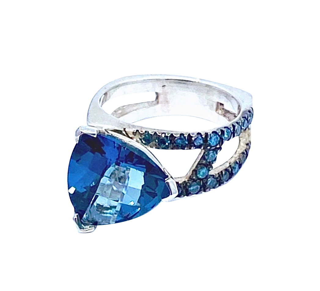 London Blue Topaz and Blue Diamonds SS Hugo signature Original ring