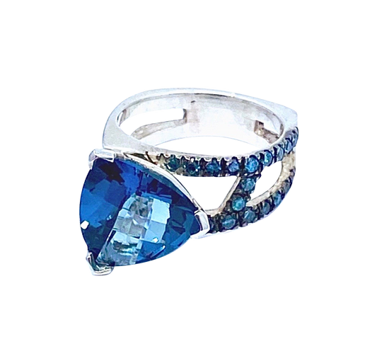 London Blue Topaz and Blue Diamonds SS Hugo signature Original ring
