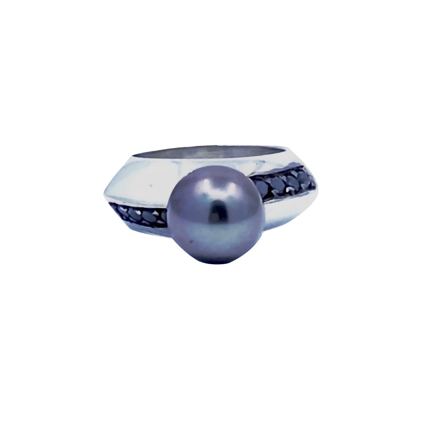 Black Tahitian Pearl with Black Diamonds SS Ring