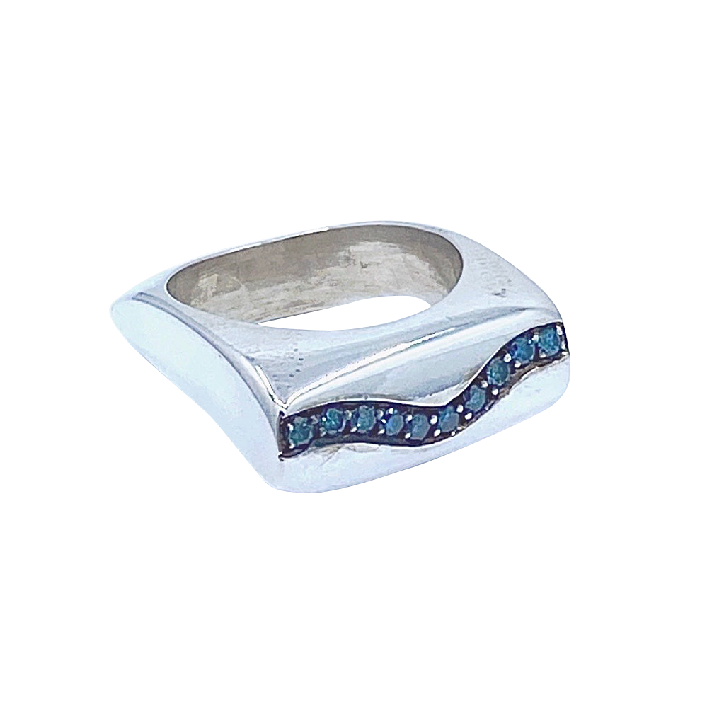 Blue Diamonds Squared SS Ring