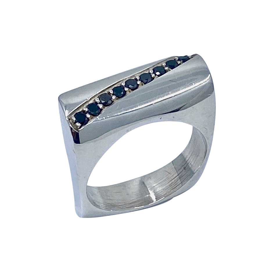 Diagonal Black Diamonds SS Ring
