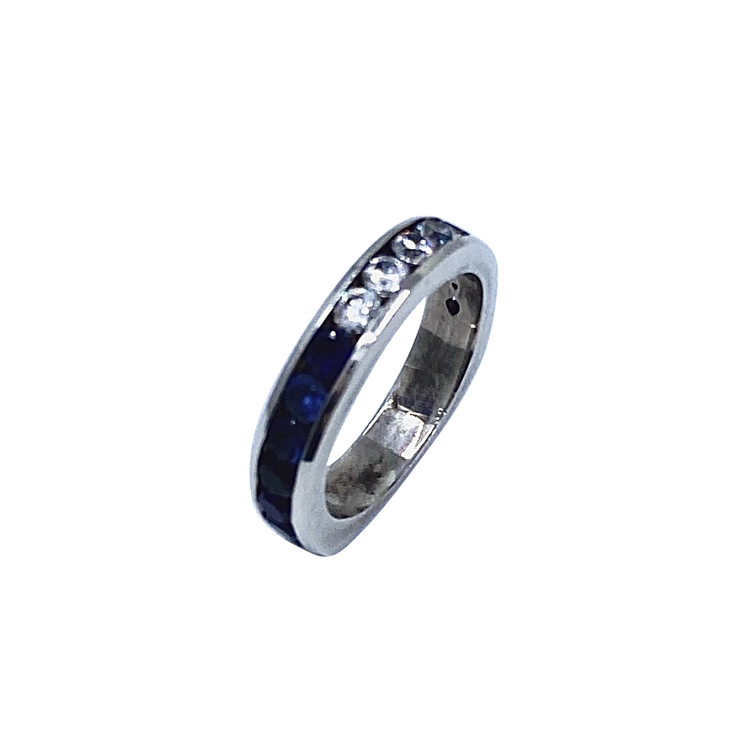 Blue Sapphire and White Cz SS Half Way Band