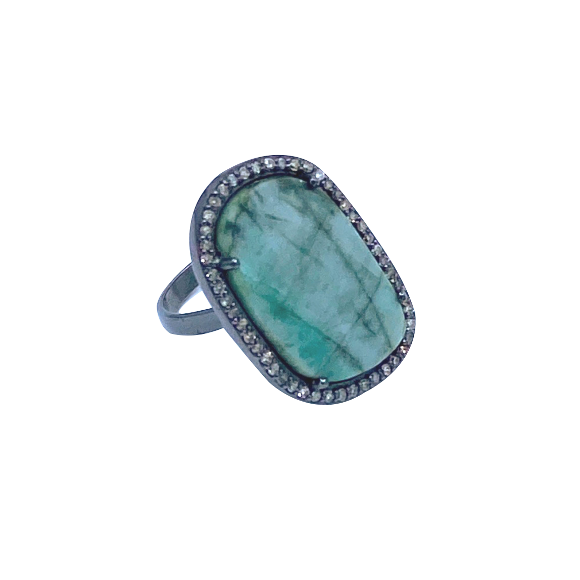 SS Green Emerald Faceted Cabouchon and Diamond Black Ring