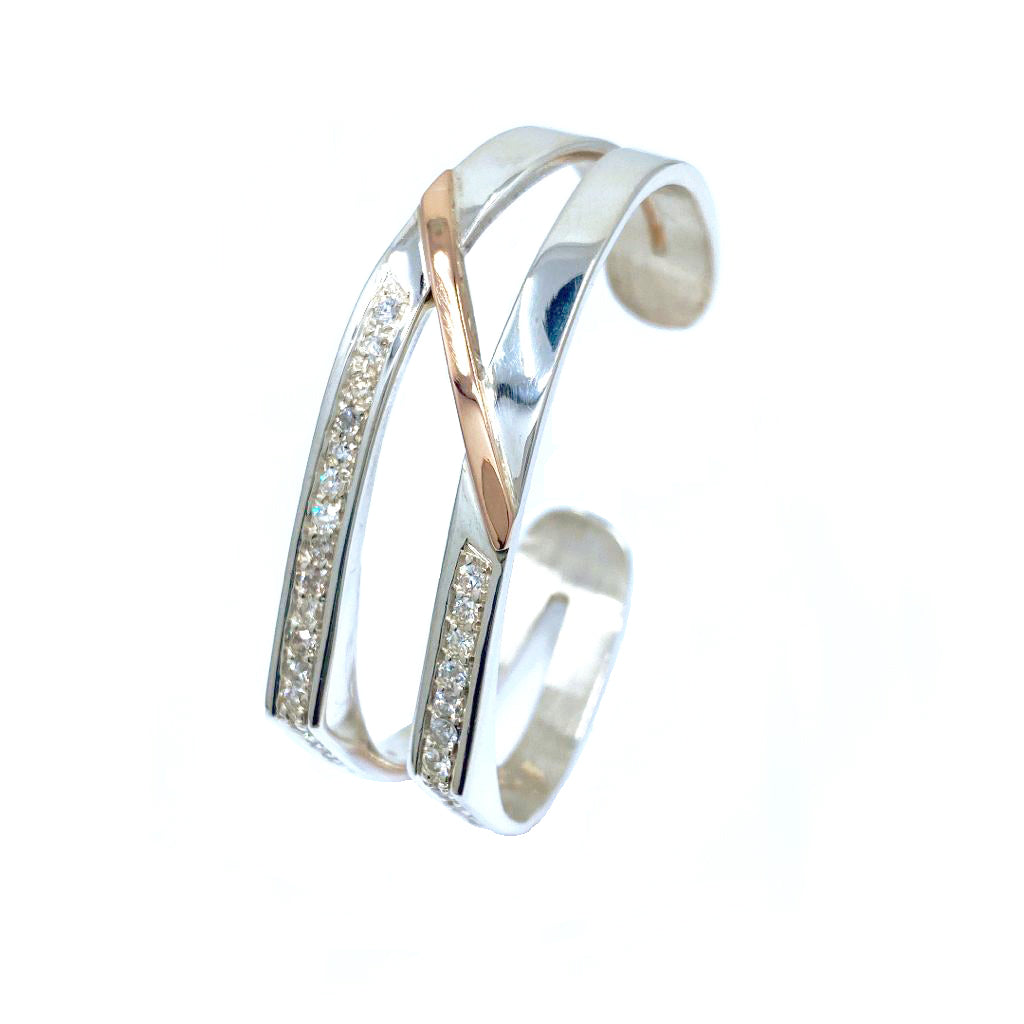 Hugo Original Signature Two Tone SS and Rose Gold White Diamond Bracelet