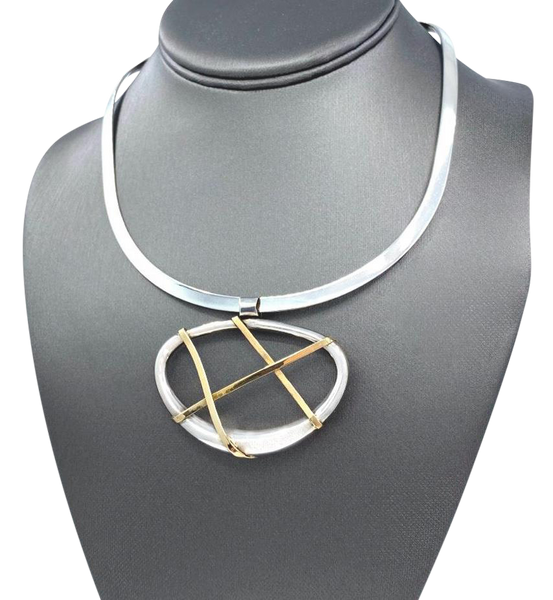 Sterling Silver Neck Cuff with Silver and 14k Yellow gold bar pendant set
