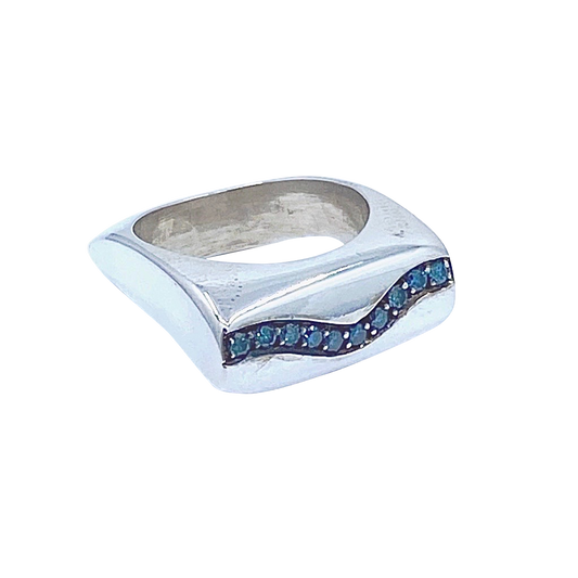 Blue Diamonds Squared SS Ring