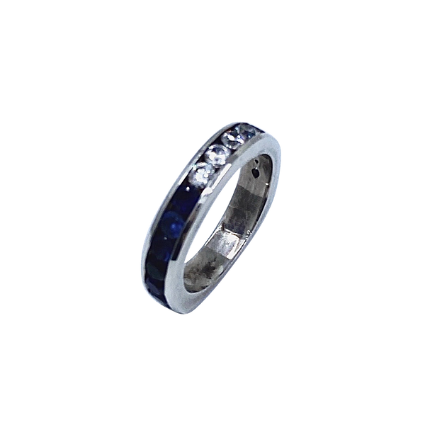 Blue Sapphire and White Cz SS Half Way Band