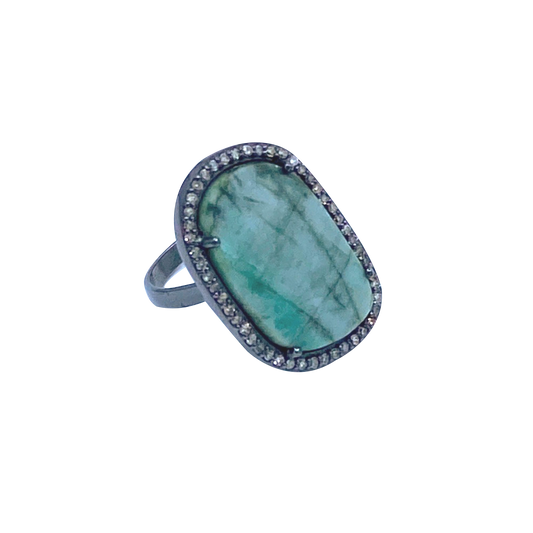 SS Green Emerald Faceted Cabouchon and Diamond Black Ring