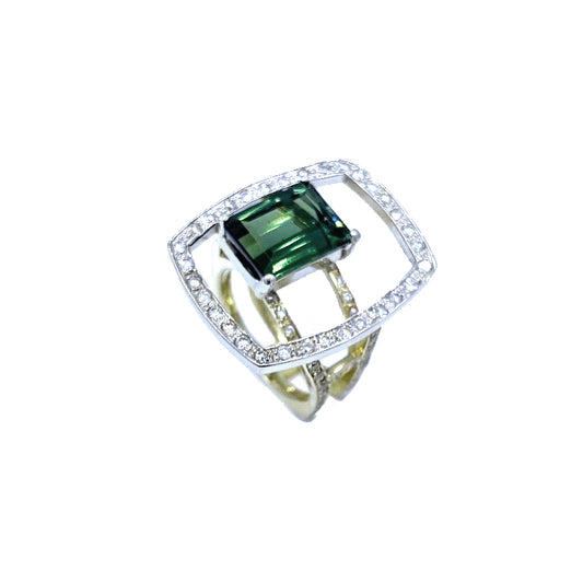 Green Tourmaline Hugo Signature Original Two Tone Gold Ring